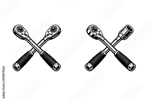 A black and white illustration featuring two sets of crossed mechanical tools. One set shows two ratchets, while the other displays a ratchet crossed with a socket wrench.