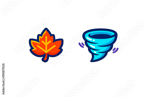 This vector illustration features a vibrant orange maple leaf next to a swirling blue tornado icon. Both elements are set against a dark black background with clean outlines.