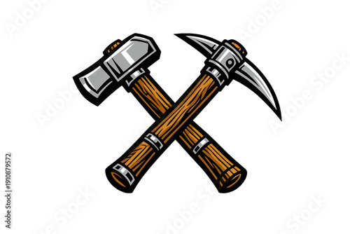 A stylized illustration of a crossed hammer and pickaxe with wooden handles and metal heads set against a solid black background. The tools feature detailed wood grain and metallic highlights.