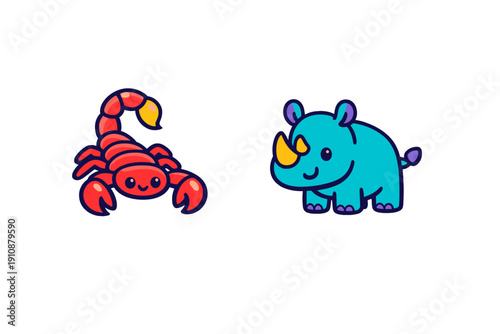 A cute cartoon illustration of a red scorpion and a blue rhinoceros side by side on a black background. Both animals feature a friendly, smiling expression in a vibrant vector art style.