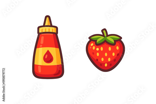 A cartoon illustration featuring a red squeeze bottle with a yellow label and a red strawberry, both set against a solid black background in a clean vector sticker style.