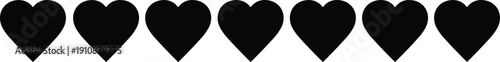 Row of seven black heart silhouettes in a clean horizontal line for romantic love wedding and Valentine's Day graphic design concepts.