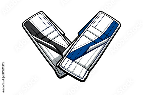 A graphic illustration of two ice hockey goalie leg pads arranged in a V shape against a black background. One pad features blue accents while the other has black and grey details.
