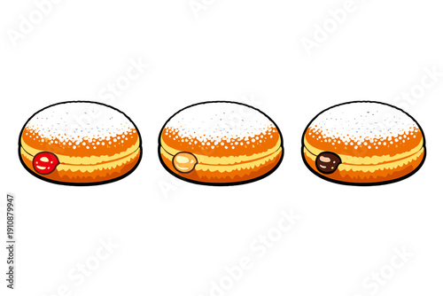 Three illustrated donuts with different fillings like red jam, yellow custard, and chocolate cream, topped with powdered sugar and set against a solid black background.