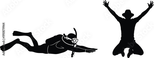 Black Silhouette of a Scuba Diver Swimming Underwater and a Happy Man Jumping in the Air Isolated on White Background for Summer Vacation Concept