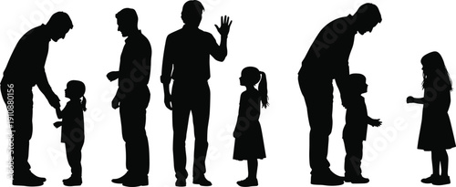 Black silhouettes of fathers and children in various poses including walking, waving, and holding hands, representing family bonding, parenting, and childhood development stages.