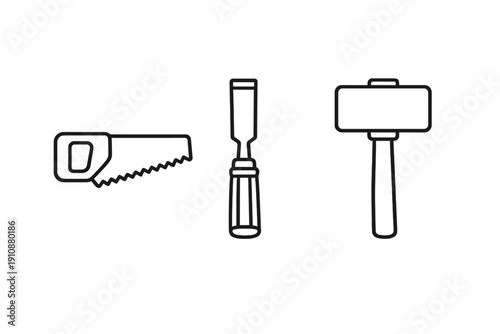 A minimalist white line art illustration featuring three essential woodworking hand tools: a hand saw, a sharp chisel, and a heavy mallet, set against a dark textured background.