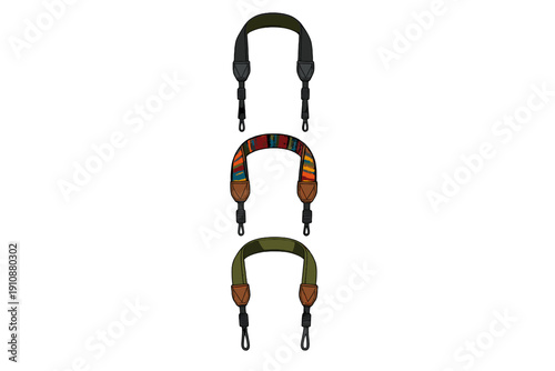 Three different camera straps are displayed vertically against a black background. They include a solid black version, a colorful woven pattern, and an olive green design with leather ends.