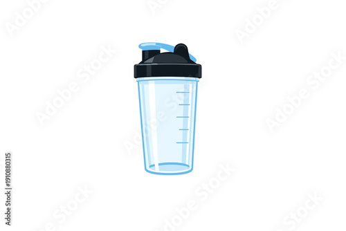 A vector illustration of a transparent protein shaker bottle with a black lid and light blue flip cap, featuring measurement markings on the side against a black background.