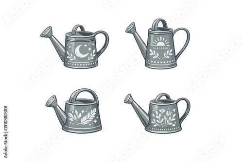 A collection of four grey illustrated watering cans featuring celestial and botanical motifs like a crescent moon, sun, and floral patterns, isolated on a black background.