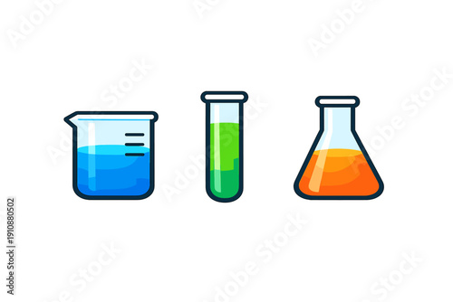 A vector illustration of three laboratory glassware items including a beaker with blue liquid, a test tube with green liquid, and an Erlenmeyer flask with orange liquid on a black background.