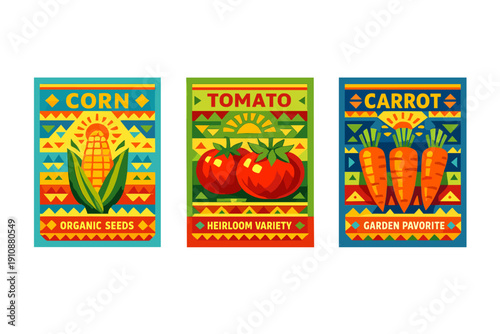 A set of three illustrated seed packets for corn, tomatoes, and carrots. The designs use bold geometric shapes, bright colors, and folk-style motifs to represent organic garden produce.