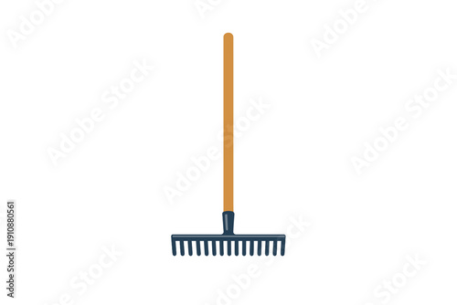 A garden rake with a long wooden handle and a dark metal head featuring multiple tines is centered against a solid black background. This tool is used for gardening and landscaping.