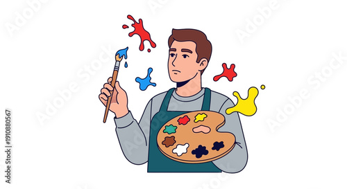 Man Painter Holding Palette and Brush.