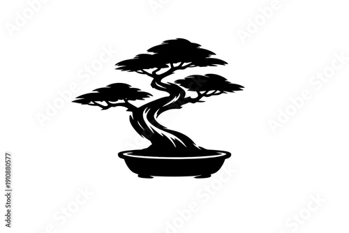 A minimalist white line art illustration of a stylized bonsai tree in a shallow pot. The drawing features tiered foliage and a curved trunk against a solid black background.