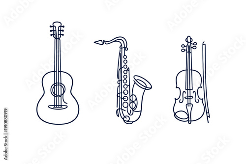 Minimalist line art illustration of three musical instruments including an acoustic guitar, a saxophone, and a violin with a bow, presented in dark blue on a solid black background.