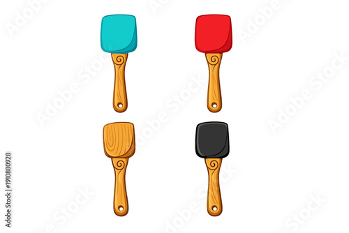 Four stylized kitchen spatulas with wooden handles and colorful heads are arranged in a grid on a black background. The set includes teal, red, wood, and black colored tools.
