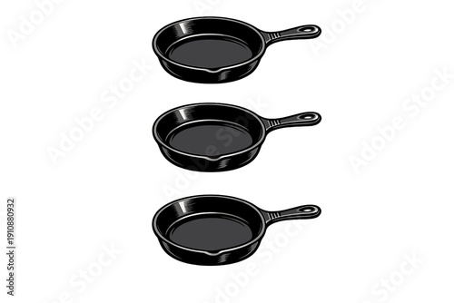 Three identical black cast iron skillets are arranged in a vertical column against a solid black background. The graphic illustration features high contrast highlights on the cookware.
