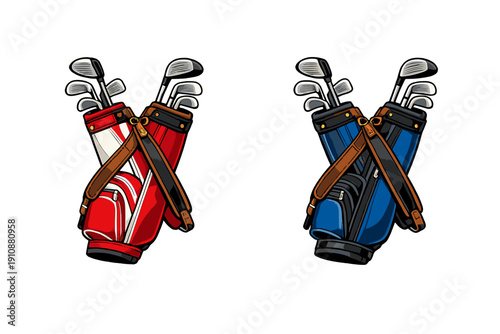 Two sets of crossed golf bags filled with clubs are shown against a black background. One pair is red and white, while the other is blue and black, both featuring brown leather straps.