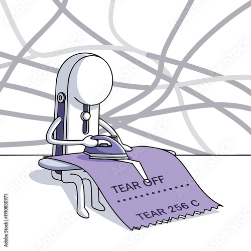 Character ironing a torn fabric with instructions