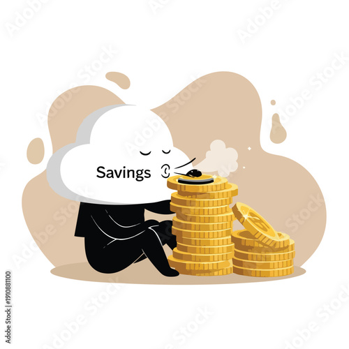 Cloud Character with Savings. Money Concept. Cartoon Style. Soft Texture. Financial Growth.