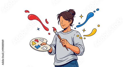 Young Woman Painting with Colorful Brushstrokes.
