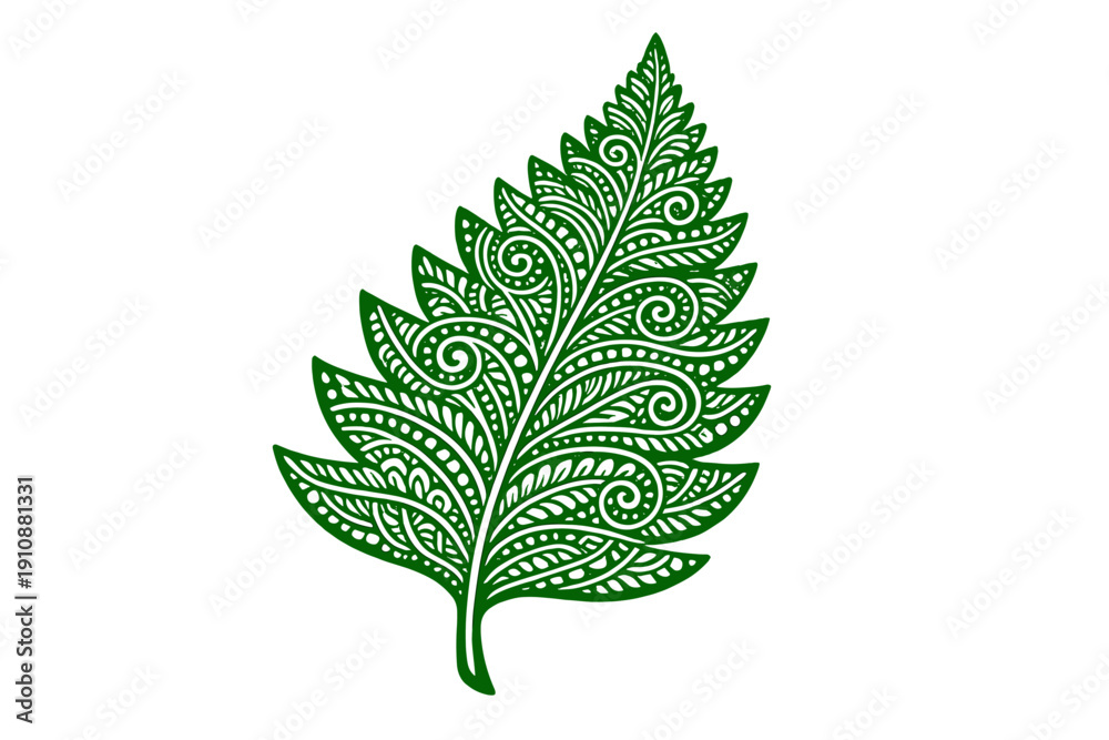 Fototapeta premium A stylized green fern leaf featuring intricate white patterns of swirls and dots, set against a solid black background. This decorative botanical illustration has a tribal aesthetic.