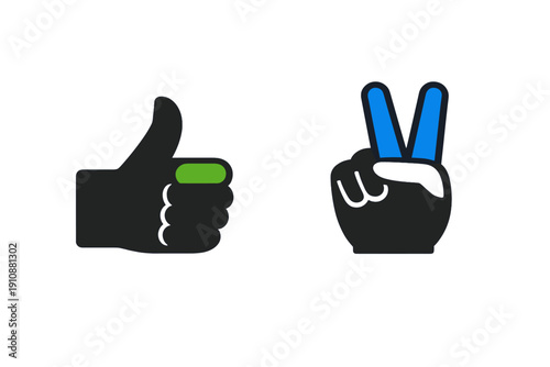 Two stylized hand icons are displayed on a black background. One hand shows a thumbs-up gesture with a green accent, while the other shows a peace sign with blue accents.