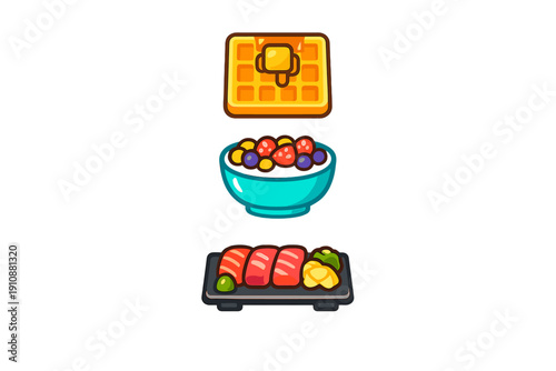 Three stylized food illustrations including a golden waffle with syrup, a blue bowl of mixed berries, and a sushi platter with wasabi and ginger on a black background.
