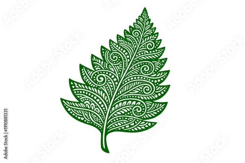 A stylized green fern leaf featuring intricate white patterns of swirls and dots, set against a solid black background. This decorative botanical illustration has a tribal aesthetic.