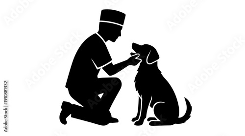 Veterinarian examining dog silhouette icon. Vet doctor and pet care concept. Vector illustration