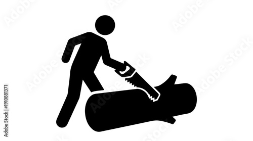 Person sawing wood log pictogram icon. Carpenter cutting timber symbol. Vector illustration