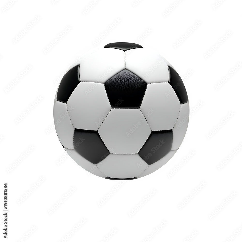 Naklejka premium White soccer ball with black accents, clean realistic sports object for design, advertising, and digital use, isolated on white or transparent background. PNG format.