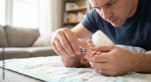 Wallpaper Mural Close up of father carefully trimming newborn baby's fingernails with clippers while lying on soft blanket at home. Torontodigital.ca