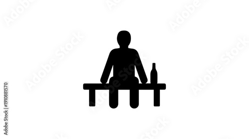 Person sitting on bench with bottle silhouette. Waiting and resting vector icon