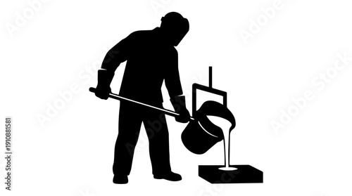 Foundry worker pouring molten metal silhouette. Industrial casting and metallurgy concept. Vector illustration
