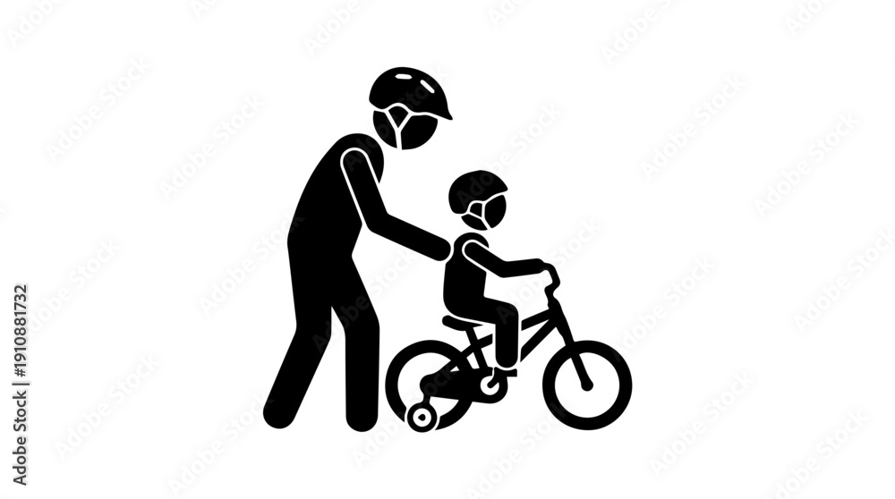 Obraz premium Father teaching child to ride bicycle. Parent pushing kid on bike with training wheels silhouette vector