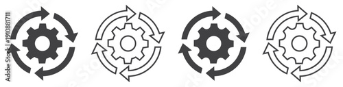 Gear with arrows icon set, refresh, process, workflow, loop, rotation, update, repeat cycle, settings, system icon set