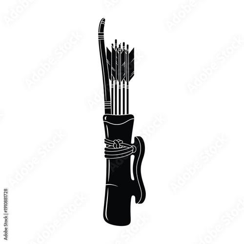 Traditional Archery Quiver with Arrows and Bow Silhouette Isolated on White Background, Representing Historical Hunting Gear and Medieval Weaponry in a Clean Minimalist Graphic Style.