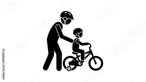 Father teaching child to ride bicycle. Parent pushing kid on bike with training wheels silhouette vector