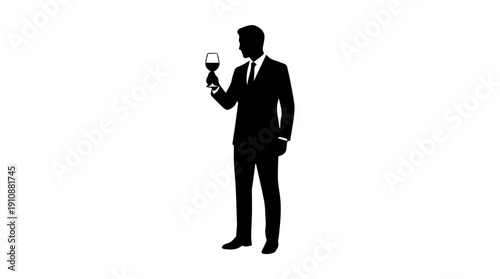 Businessman holding wine glass silhouette. Sommelier tasting wine vector illustration. Formal celebration concept