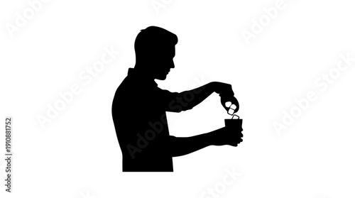 Man putting ice cubes into glass. Bartender preparing cold drink silhouette vector illustration