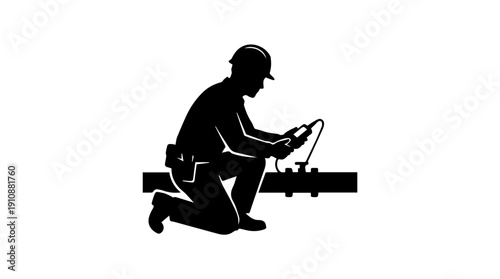 Technician silhouette kneeling to inspect pipe. Engineer with hard hat and diagnostic tool. Minimalist vector illustration isolated on white background