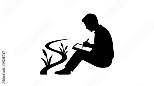 Man sitting outdoors writing in notebook. Silhouette vector illustration of artist sketching in nature