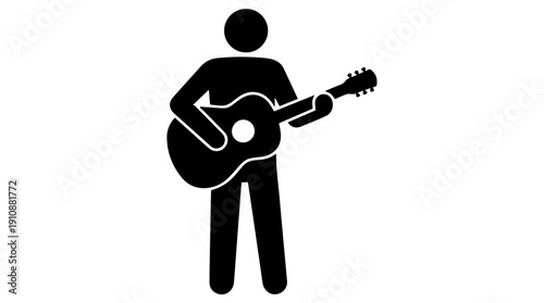 Musician silhouette playing acoustic guitar. Standing person with musical instrument pictogram. Minimalist vector illustration isolated on white background