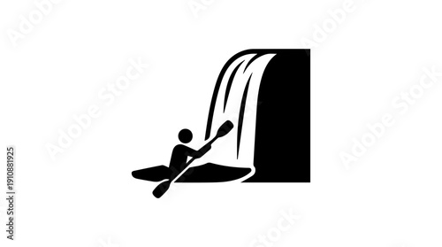 Kayaker paddling near a waterfall silhouette. Minimalist outdoor adventure vector illustration isolated on white background