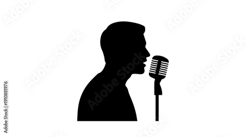 Man speaking into vintage microphone. Podcast, radio, and broadcasting concept. Minimalist black silhouette vector illustration