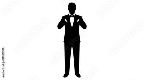 Man in tuxedo adjusting lapels silhouette. Full body formal fashion and groom icon. Flat vector illustration isolated on white background