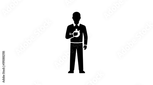 Coach or manager with a stopwatch icon. Time management and performance symbol. Simple black glyph vector illustration