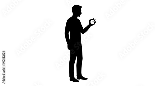 Silhouette of a man holding a stopwatch. Time management and deadline concept. Vector illustration of a person with a timer